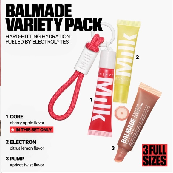 Milk Makeup Lip Balm Trip + Kaychain (Balmade Variety Pack: Clear, Beige & Red) - Picture 2 of 13